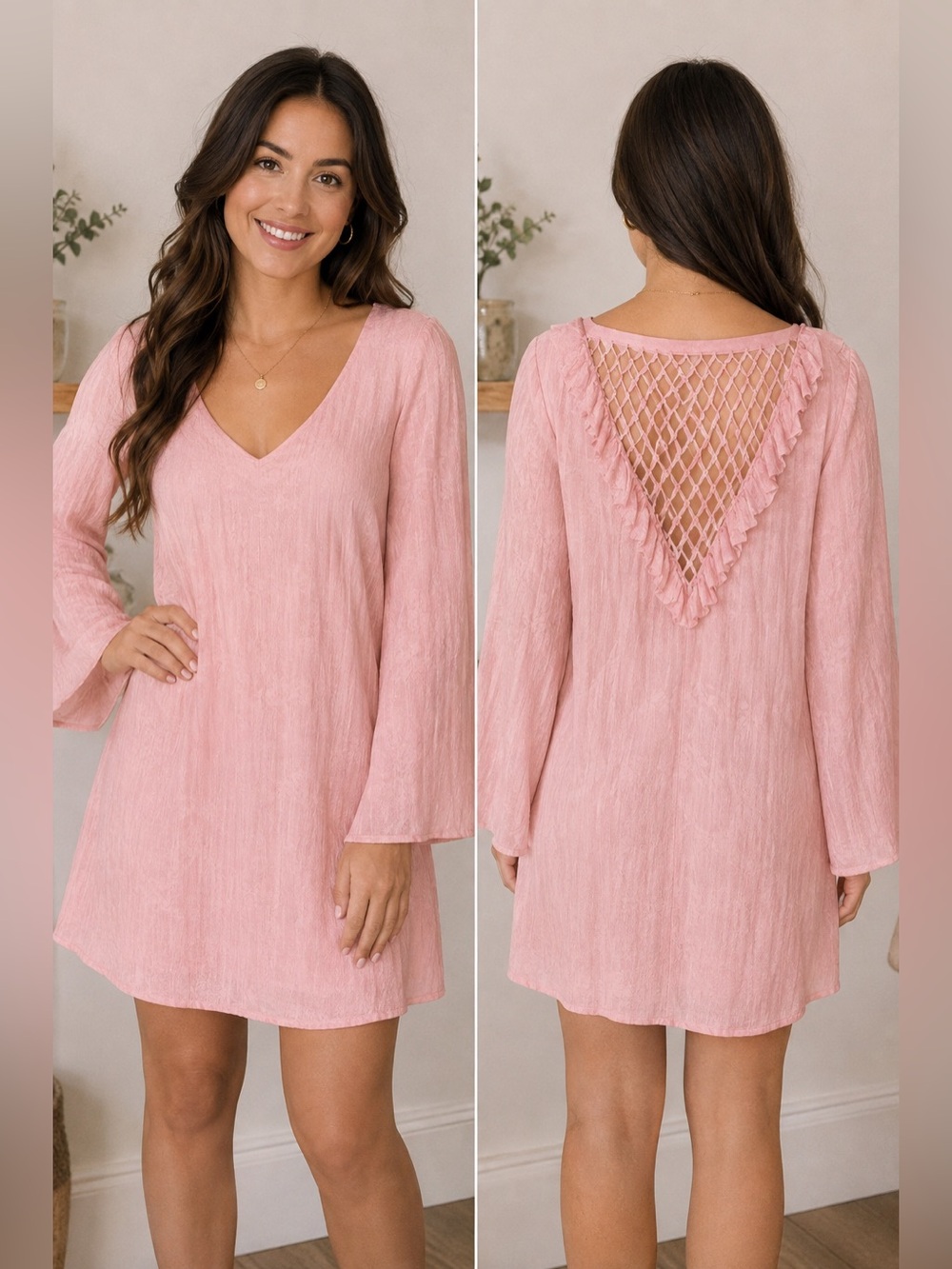 Traffic People Light Pink Bell Sleeve V-Neck Dress with Open Weave Tassels